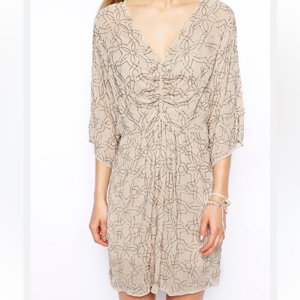 Needle & Thread Geo Beige Beaded Cocktail Dress With Dolman Kimono Sleeves